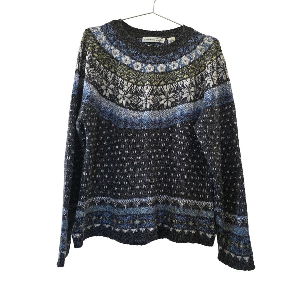 Samantha Taylor Fair Isle Sweater Gray Blue Women Size L Cozy Winter Pullover
